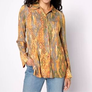 Attitudes by Renee Printed Button Front Long Sleeve Godet Shirt, Size 1X